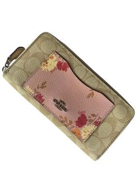 Coach Beige Signature Wallet with Pink Floral Card Pocket